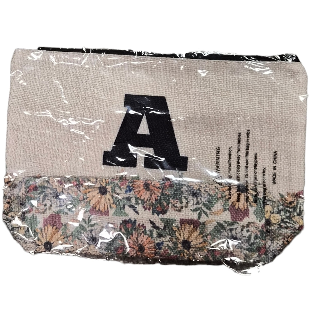 Floral Canvas Zip Pouch with Black “A” Monogram